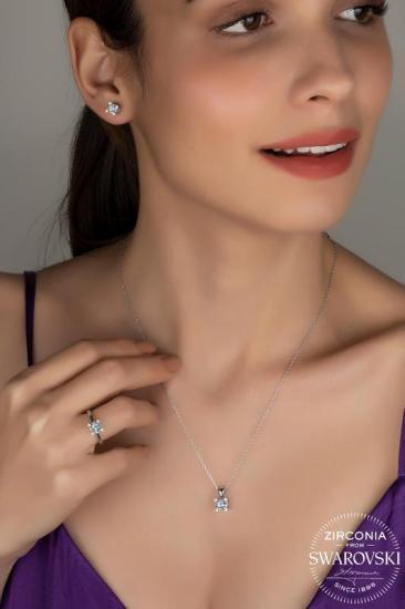 Union Swarovski Taşlı Zirconia Kadın Kalpli 4 Tırnak Gümüş Set